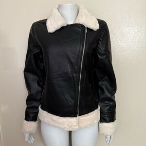 Black PU leather moto jacket with cream sherpa lining